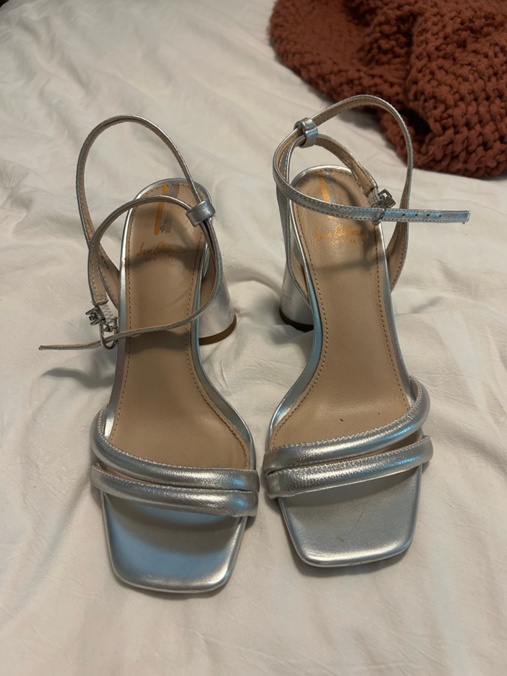 Sam Edelman Silver Metallic Double-Strap Block Heel Sandals